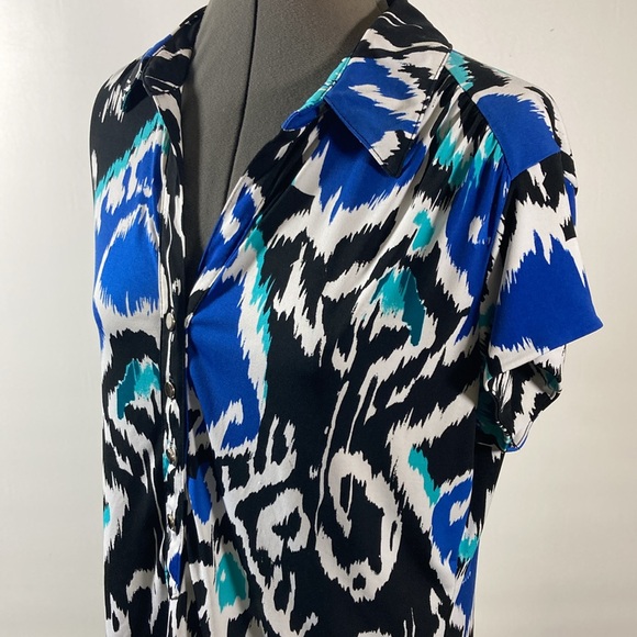 Alfani Top/Blouse Women Size XL Black White & Blue Button Placket Cap Sleeve - Picture 4 of 9